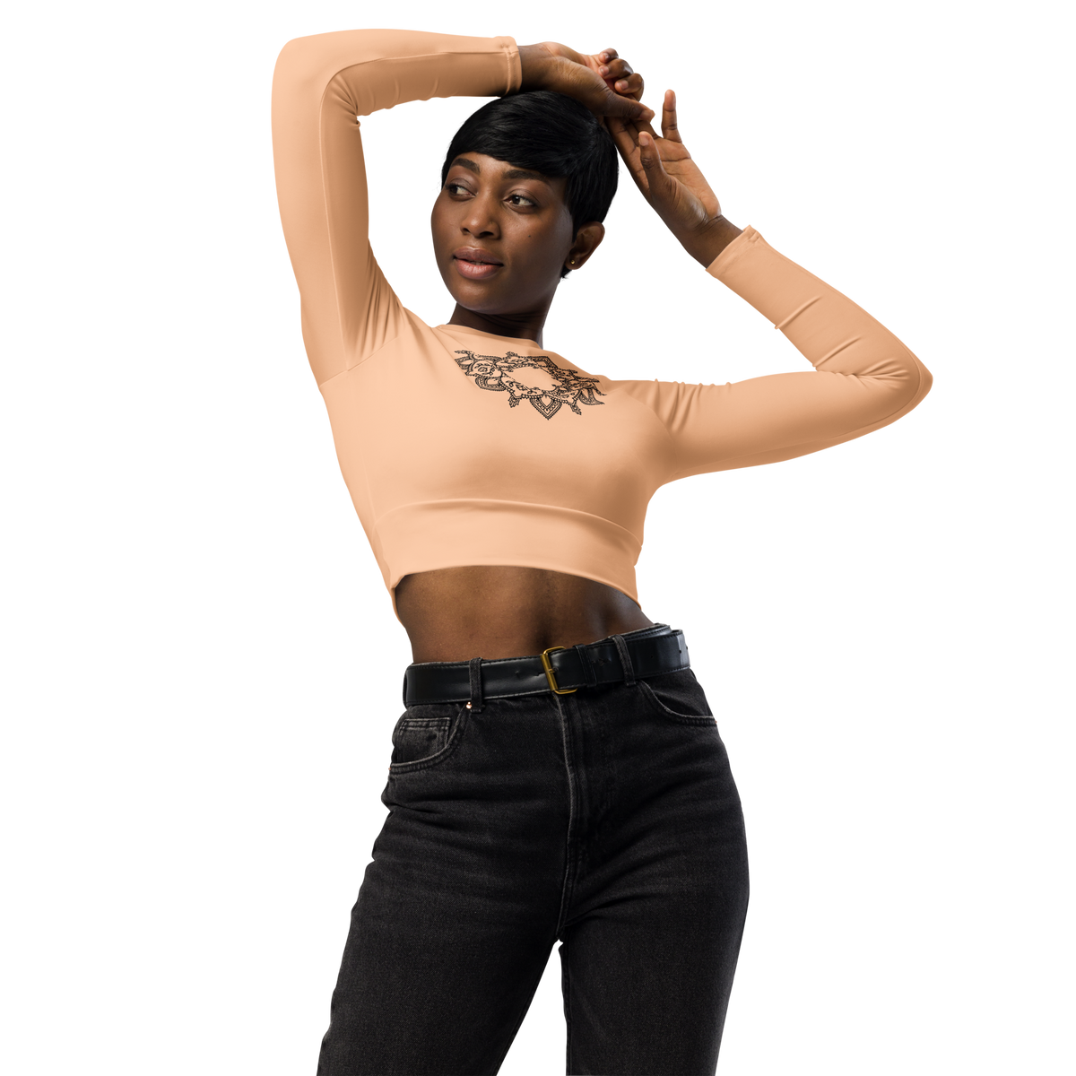 Cropped Langarm-Top mit Mandala - Hellorange